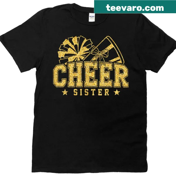 Black and gold Cheer Sister t-shirt with pom cheerleader graphics