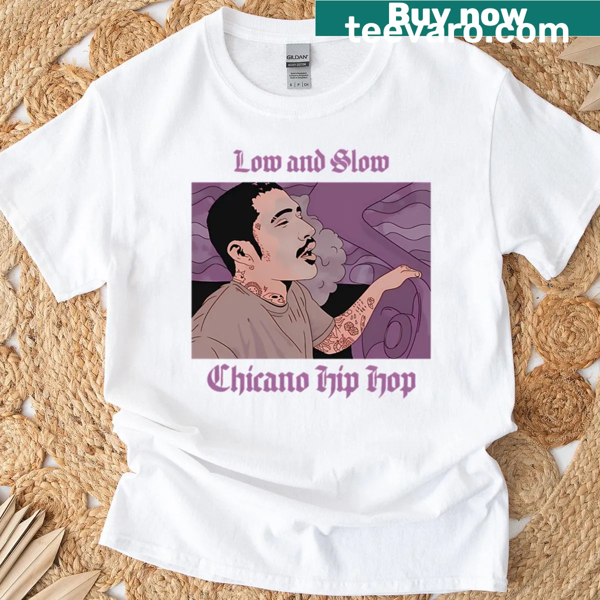 Chicano hip hop themed typography T-shirt — on a men's t-shirt