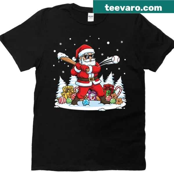 Funny Christmas T-shirt featuring Santa Claus as a baseball batter.