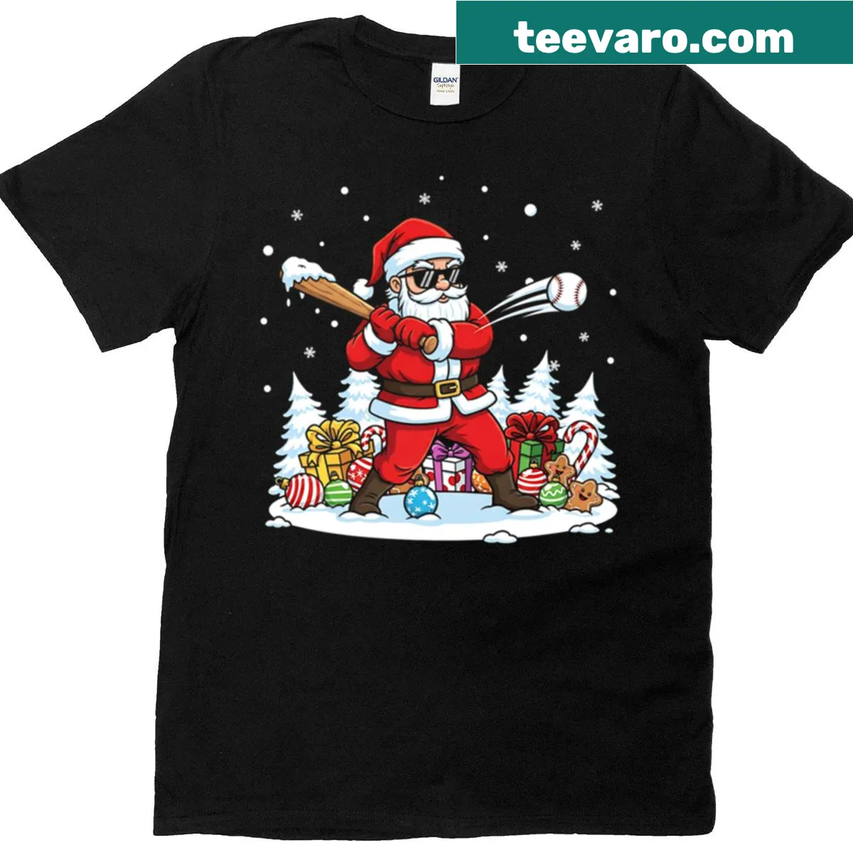 Funny Christmas T-shirt featuring Santa Claus as a baseball batter. — on a men's t-shirt