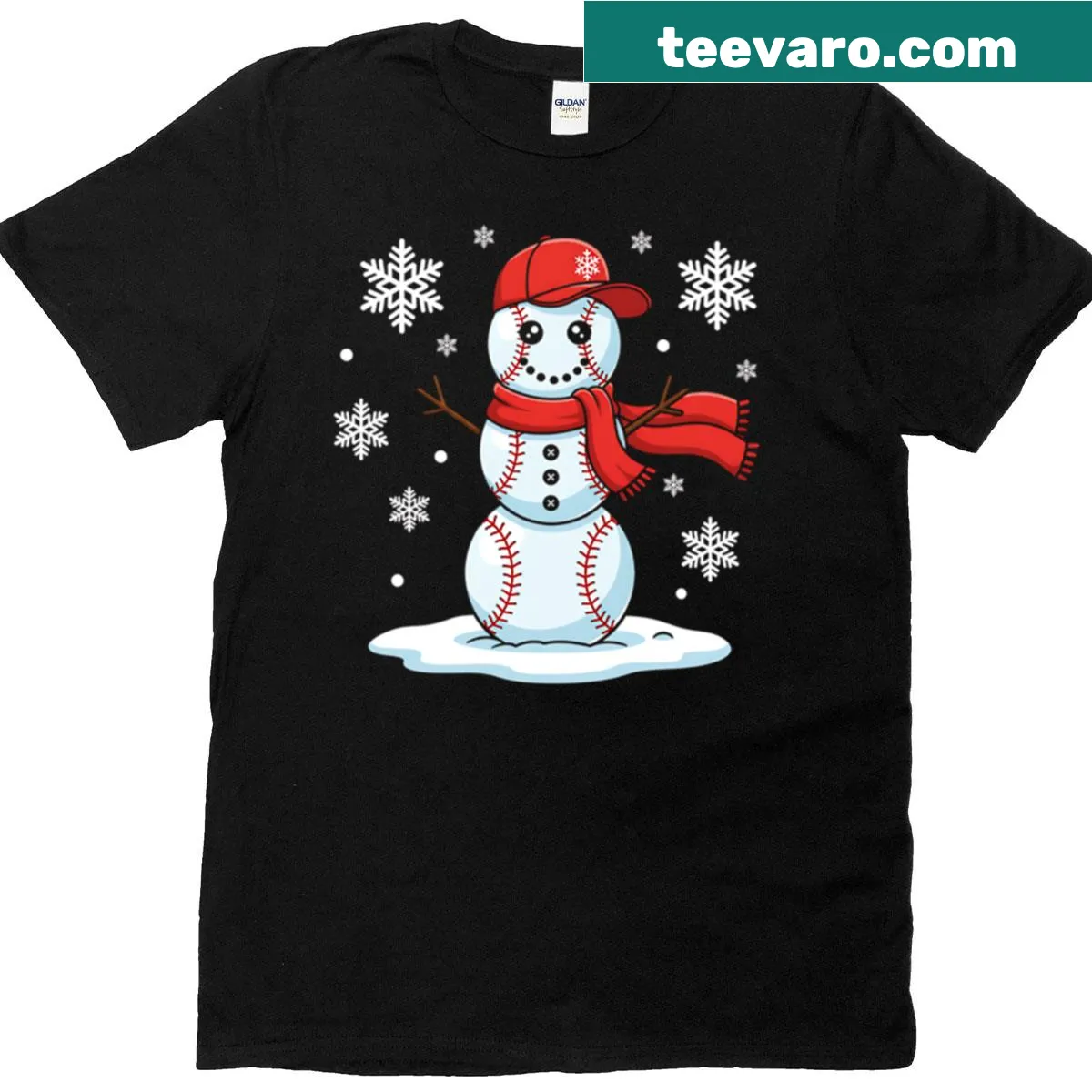 Christmas T-shirt featuring a snowman with a baseball bat, designed for kids. — on a men's t-shirt
