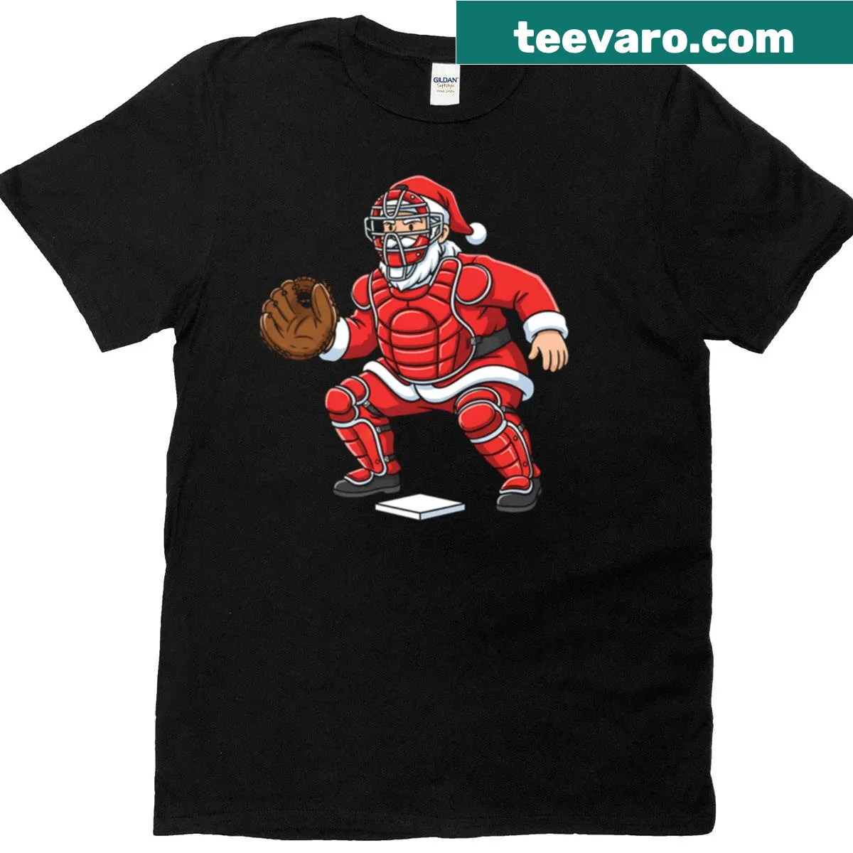 Kids Christmas t-shirt featuring Santa Claus as a baseball catcher — on a men's t-shirt