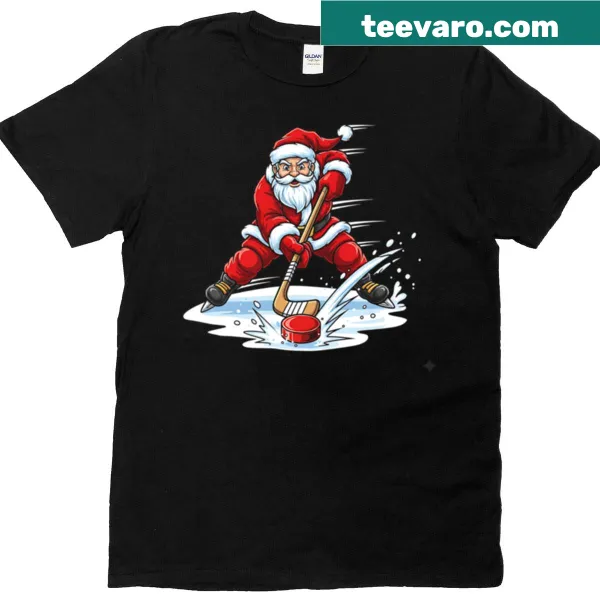 Santa playing ice hockey Christmas T-shirt