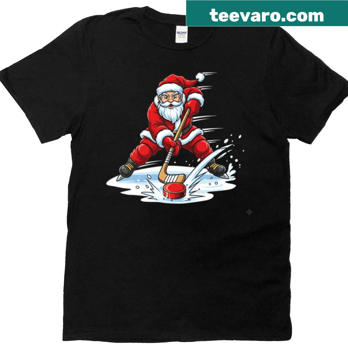 Santa playing ice hockey Christmas T-shirt — on a men's t-shirt