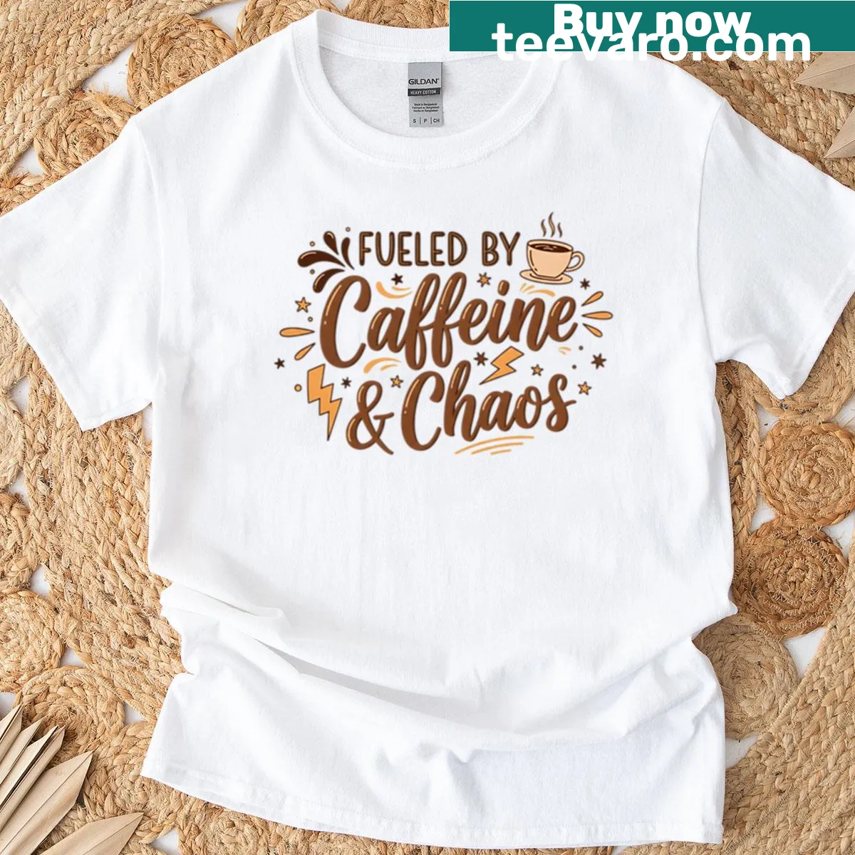 Playful T-shirt featuring coffee-themed illustrations and puns — on a men's t-shirt