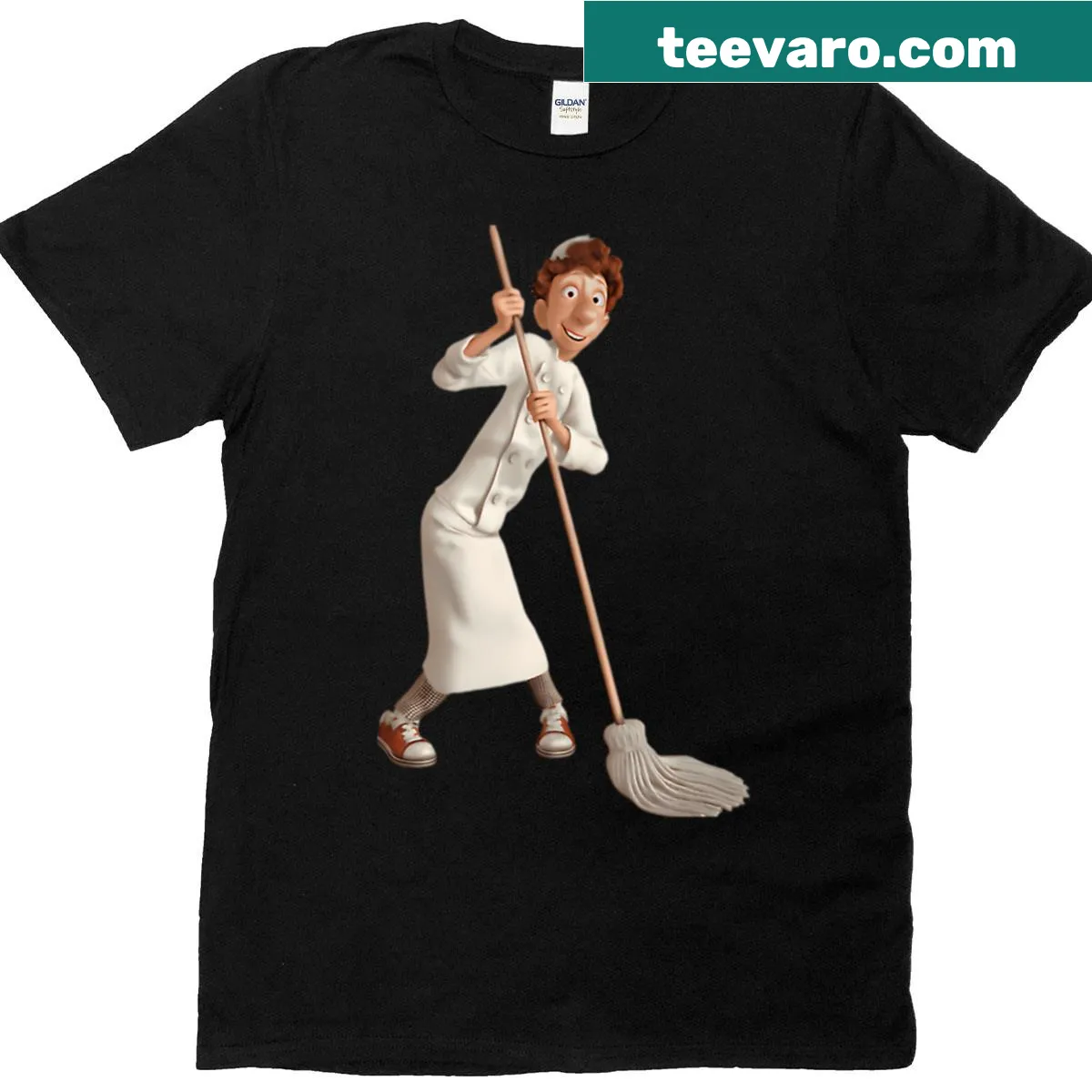 Vintage-style T-shirt with whimsical cooking and movie graphic. — on a men's t-shirt