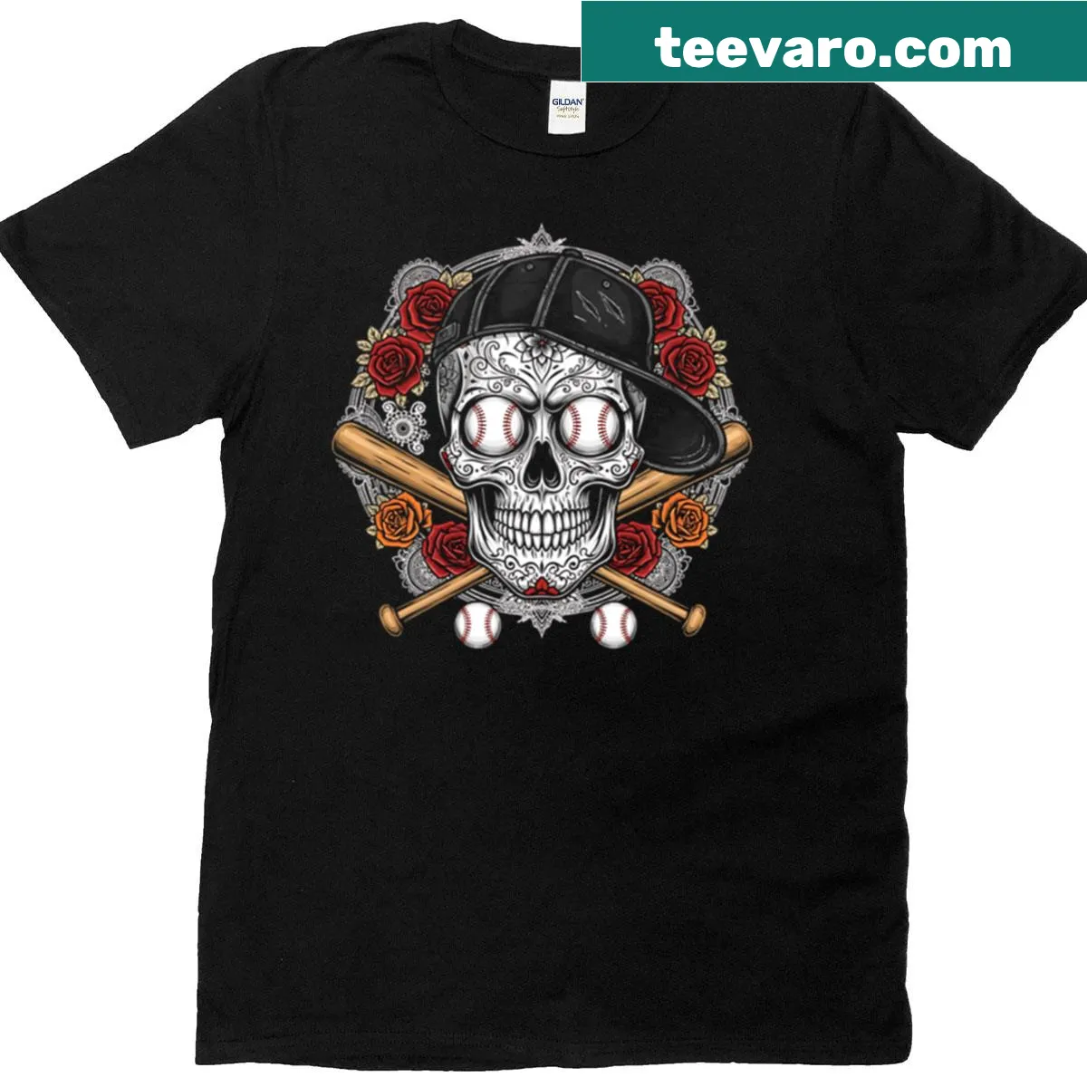 Sugar skull design with baseball elements on a Halloween-themed T-shirt — on a men's t-shirt