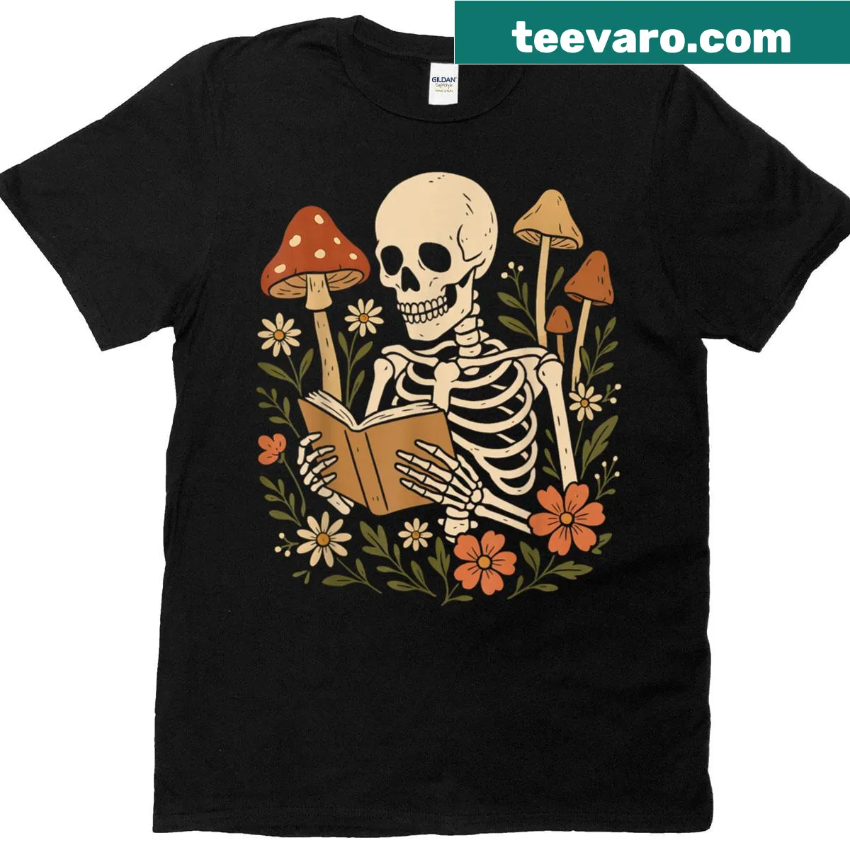 Illustration of a skeleton reading books with mushrooms and flowers — on a men's t-shirt