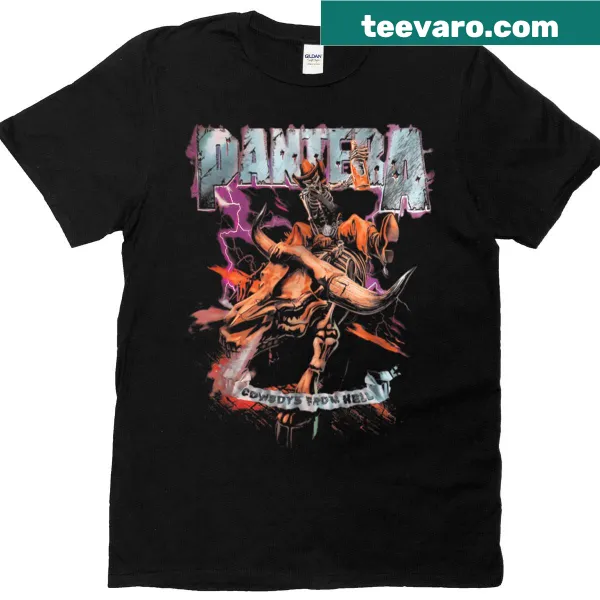 Skeleton cowboys riding in a vibrant graphic on a T-shirt