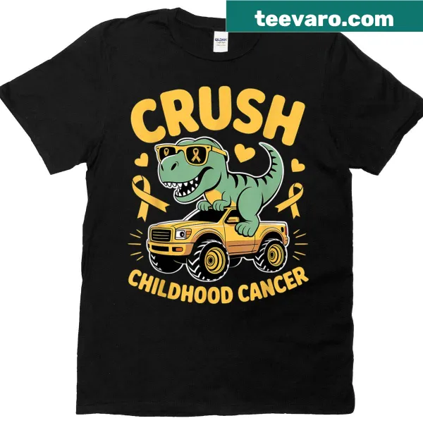 T-shirt with gold ribbon graphic promoting childhood cancer awareness.
