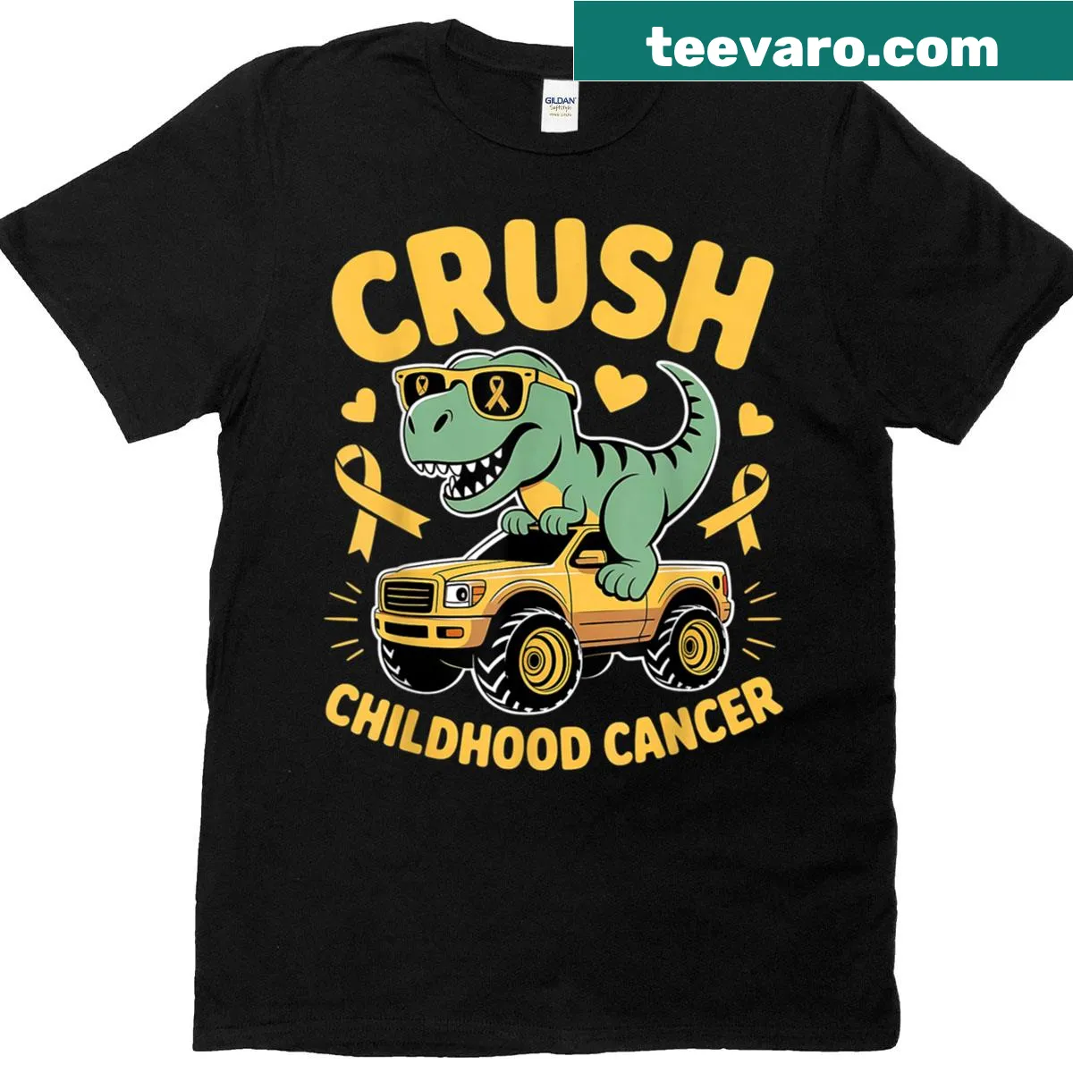 T-shirt with gold ribbon graphic promoting childhood cancer awareness. — on a men's t-shirt