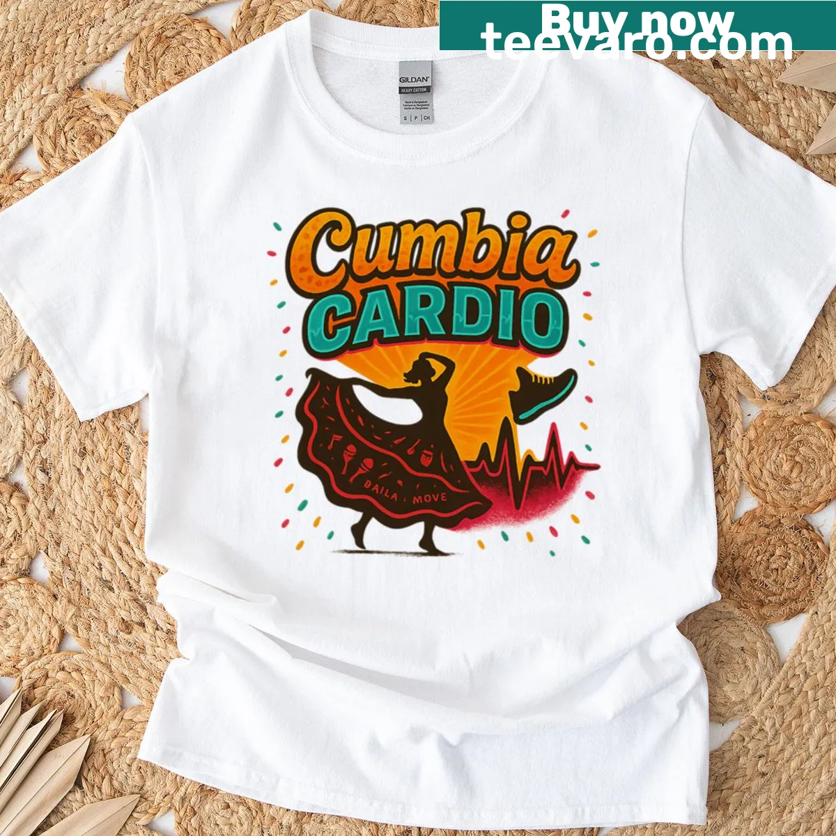 Cumbia cardio fitness t-shirt with playful graphic — on a men's t-shirt