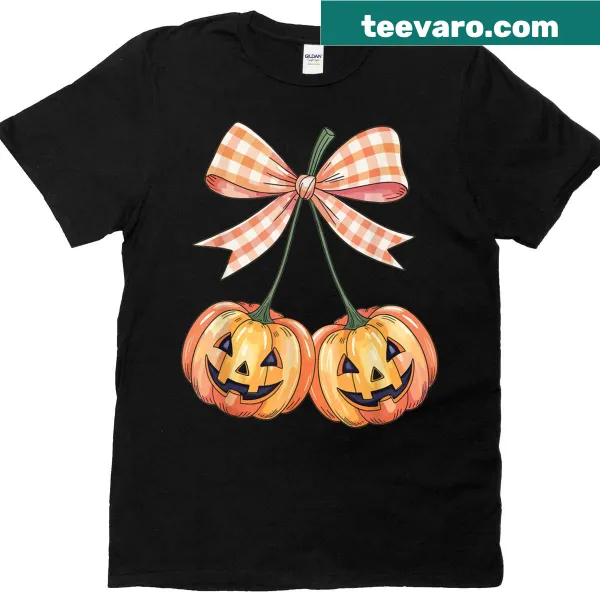 Cute Halloween shirt with cherries dressed as pumpkins.