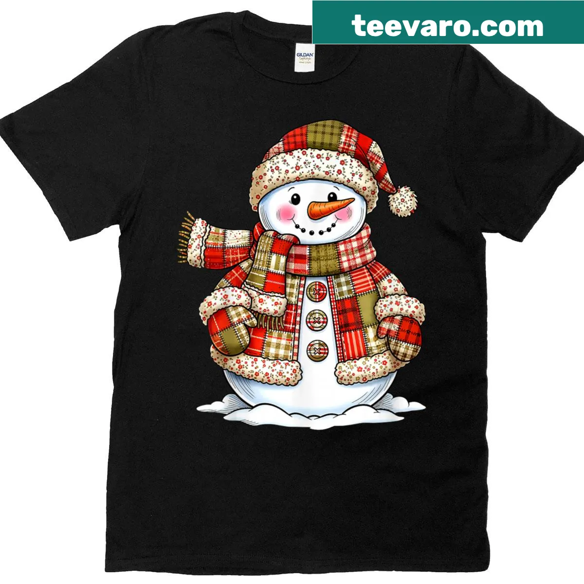 Cute patchwork snowman graphic for Christmas t-shirt. — on a men's t-shirt