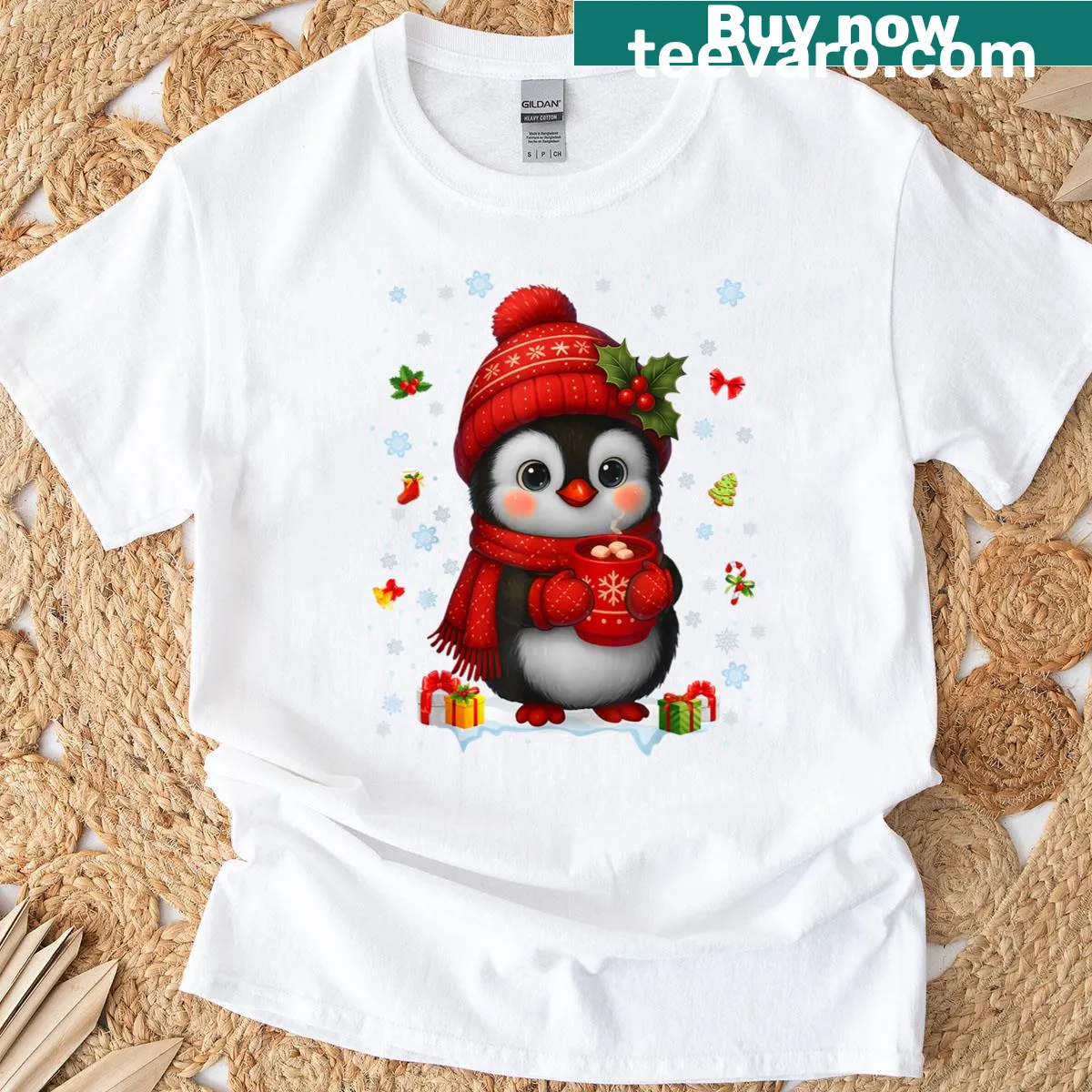 Cute penguin drinking hot cocoa for Christmas t-shirt — on a men's t-shirt