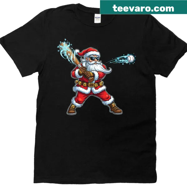 Cute Santa Claus cartoon playing baseball for kids' Christmas T-shirt