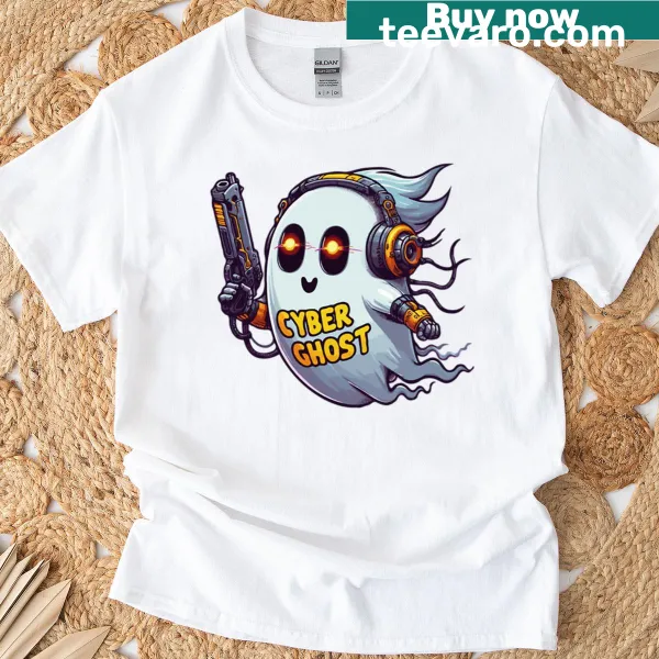 Futuristic cyber ghost graphic on a t-shirt