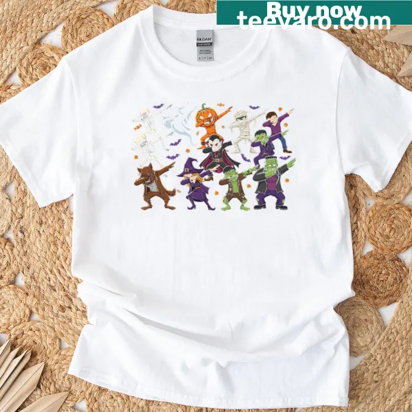 Cartoon skeleton dabbing with pumpkin and mummy on T-shirt