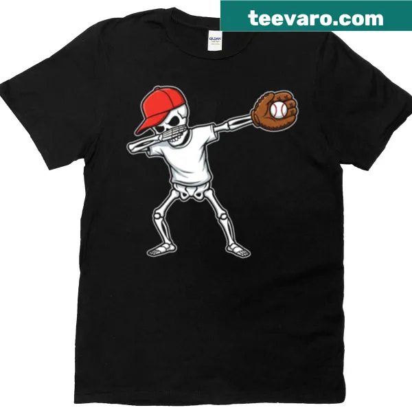 Cartoon dabbing skeleton baseball player graphic