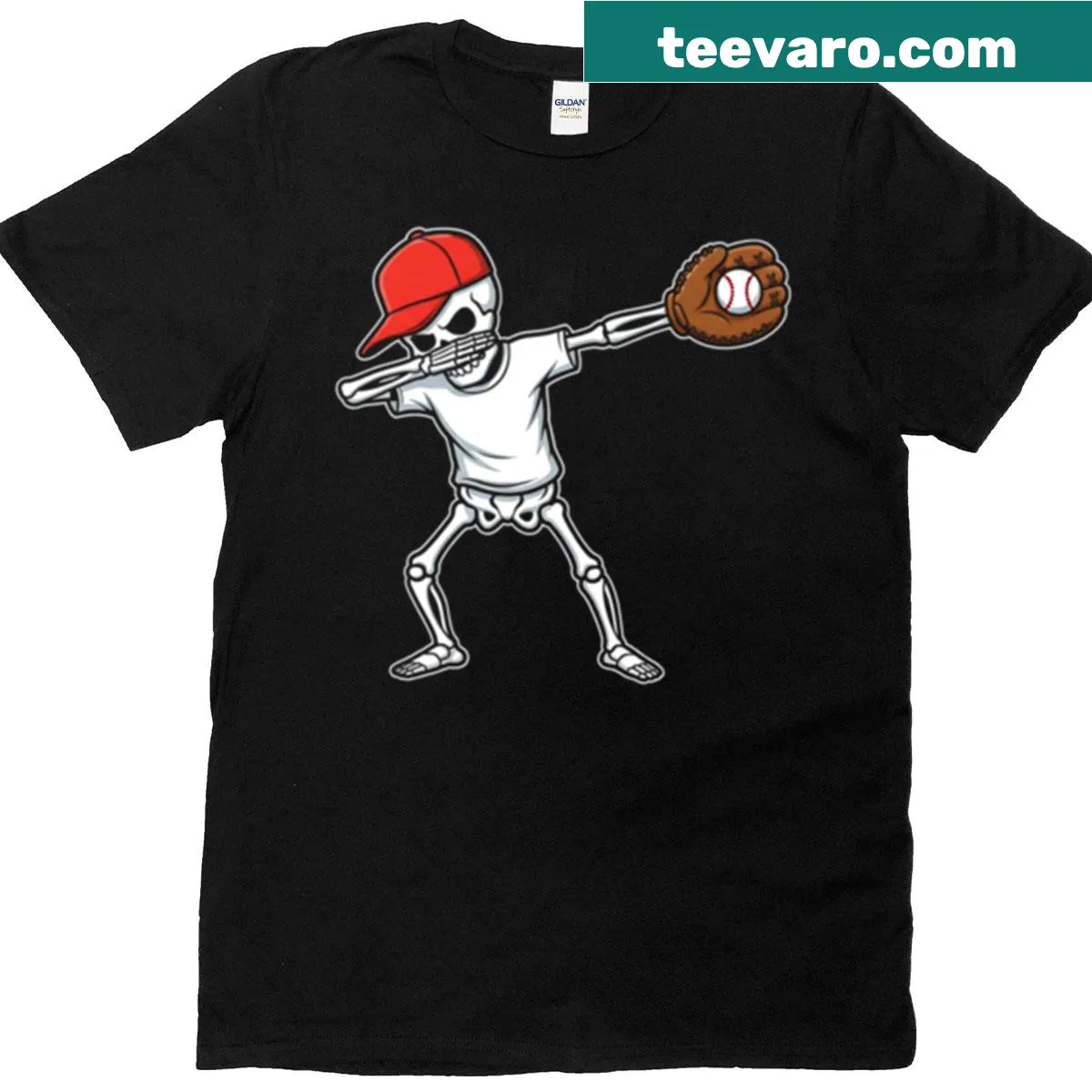 Cartoon dabbing skeleton baseball player graphic — on a men's t-shirt