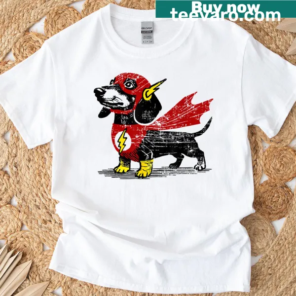Cartoon dachshund superhero design on Doxie Dog t-shirt