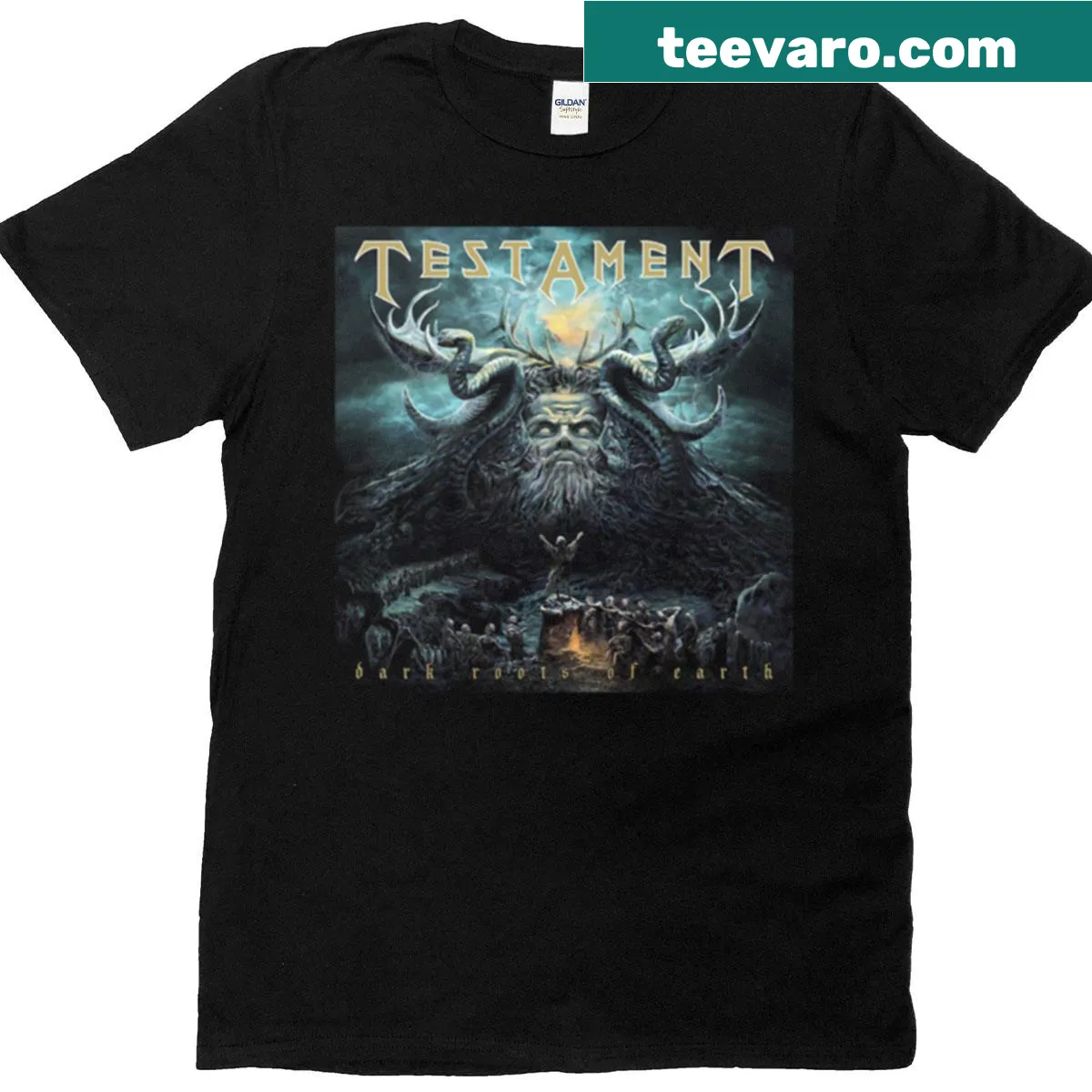 Illustrative design of 'Dark Roots Of Earth' on a t-shirt — on a men's t-shirt