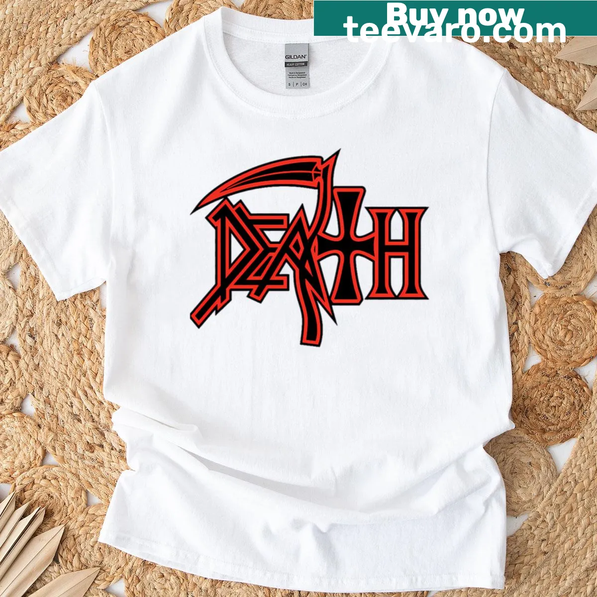 Bold typography featuring the name of the band — on a men's t-shirt