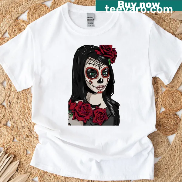 La Catrina T-shirt celebrating Dia De Los Muertos with floral designs