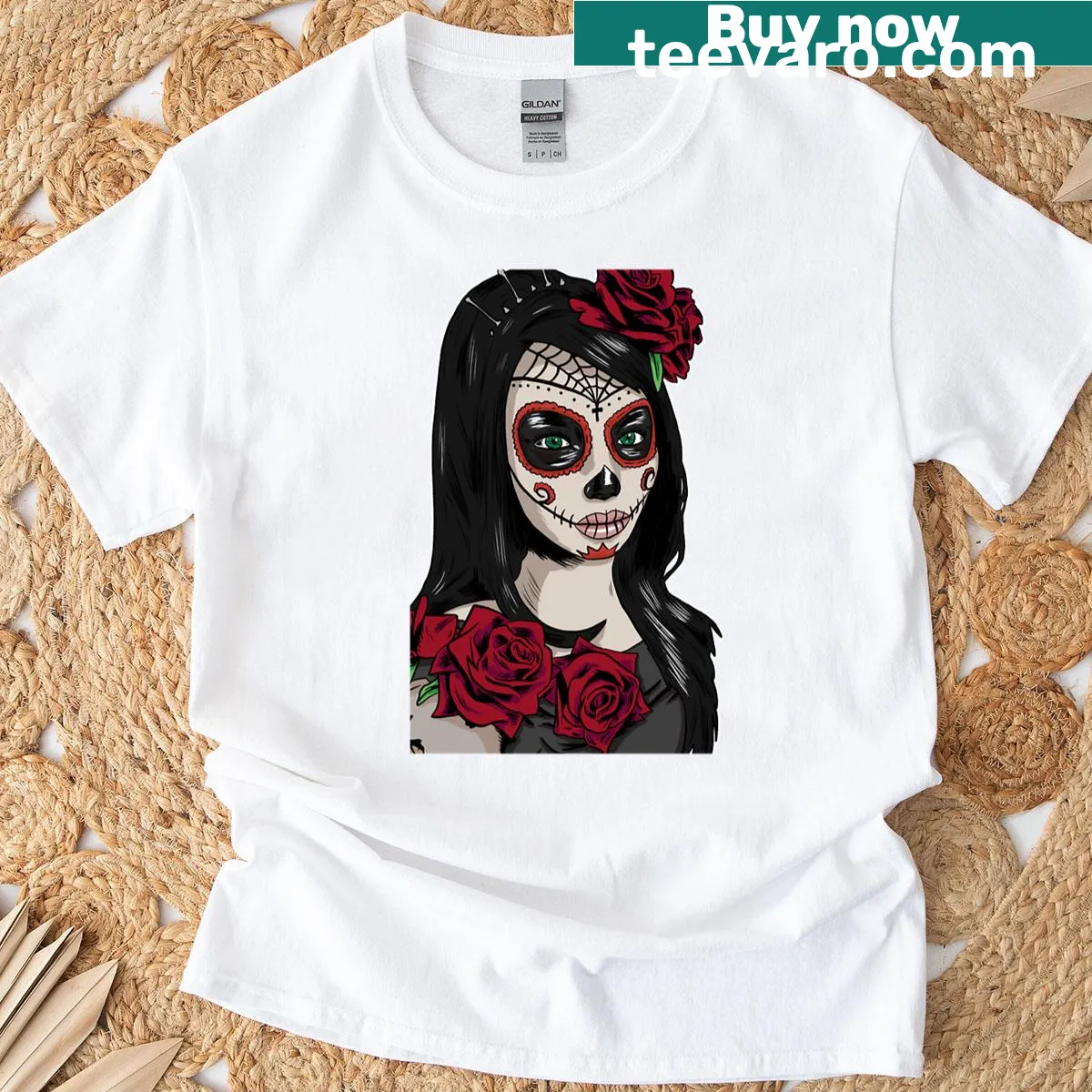 La Catrina T-shirt celebrating Dia De Los Muertos with floral designs — on a men's t-shirt