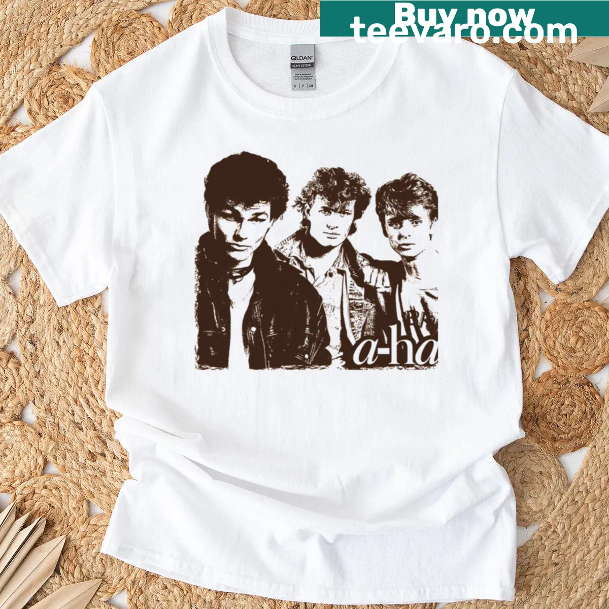 Illustrated T-shirt featuring a timeline graphic honoring the band A Ha. — on a men's t-shirt