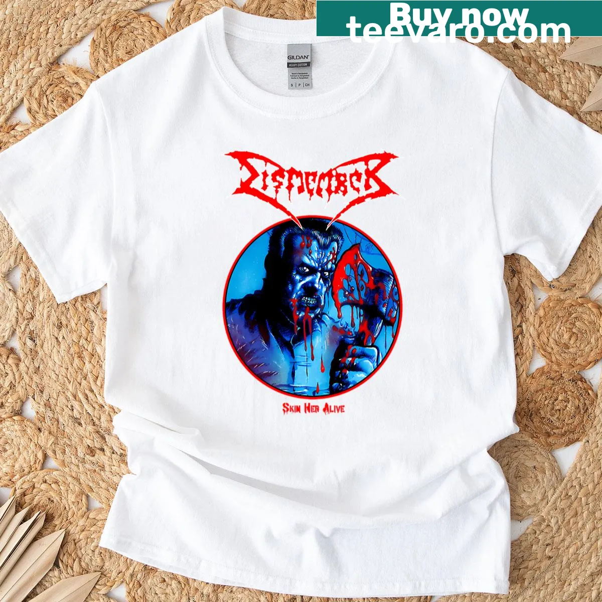 Edgy Swedish death metal T-shirt featuring Dismember artwork — on a men's t-shirt