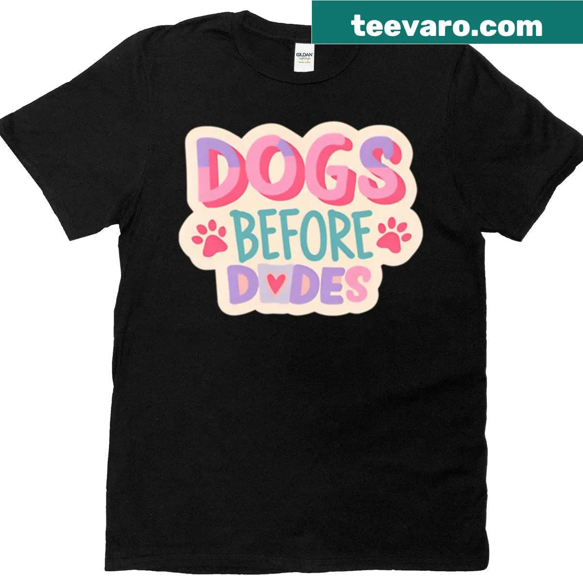 Graphic T-shirt with the saying Dogs Before Dudes in bold letters — on a men's t-shirt
