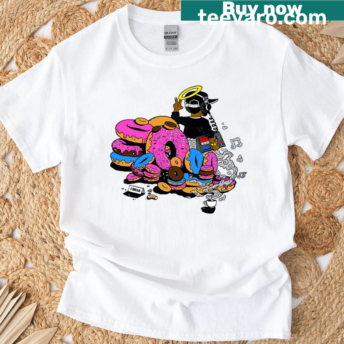 T-shirt featuring playful donut graphic inviting sharing — on a men's t-shirt