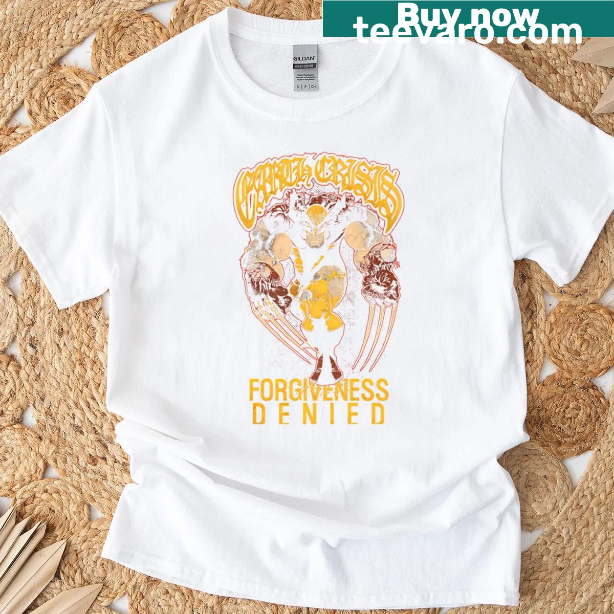 Earth Crisis Forgiveness Denied T-shirt with a bold graphic — on a men's t-shirt