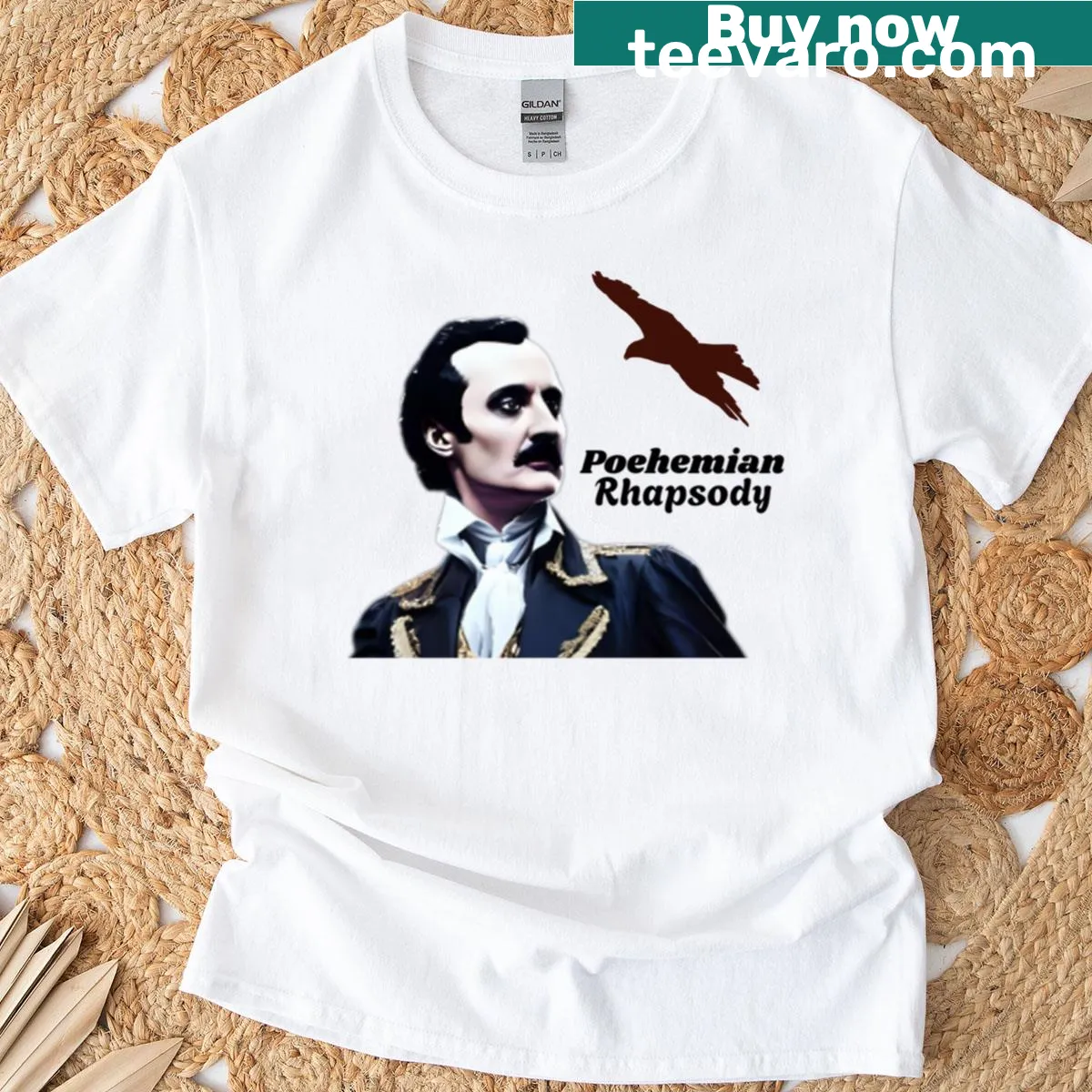 Text design 'Poehemian Rhapsody' combining Edgar Allan Poe and musical references — on a men's t-shirt
