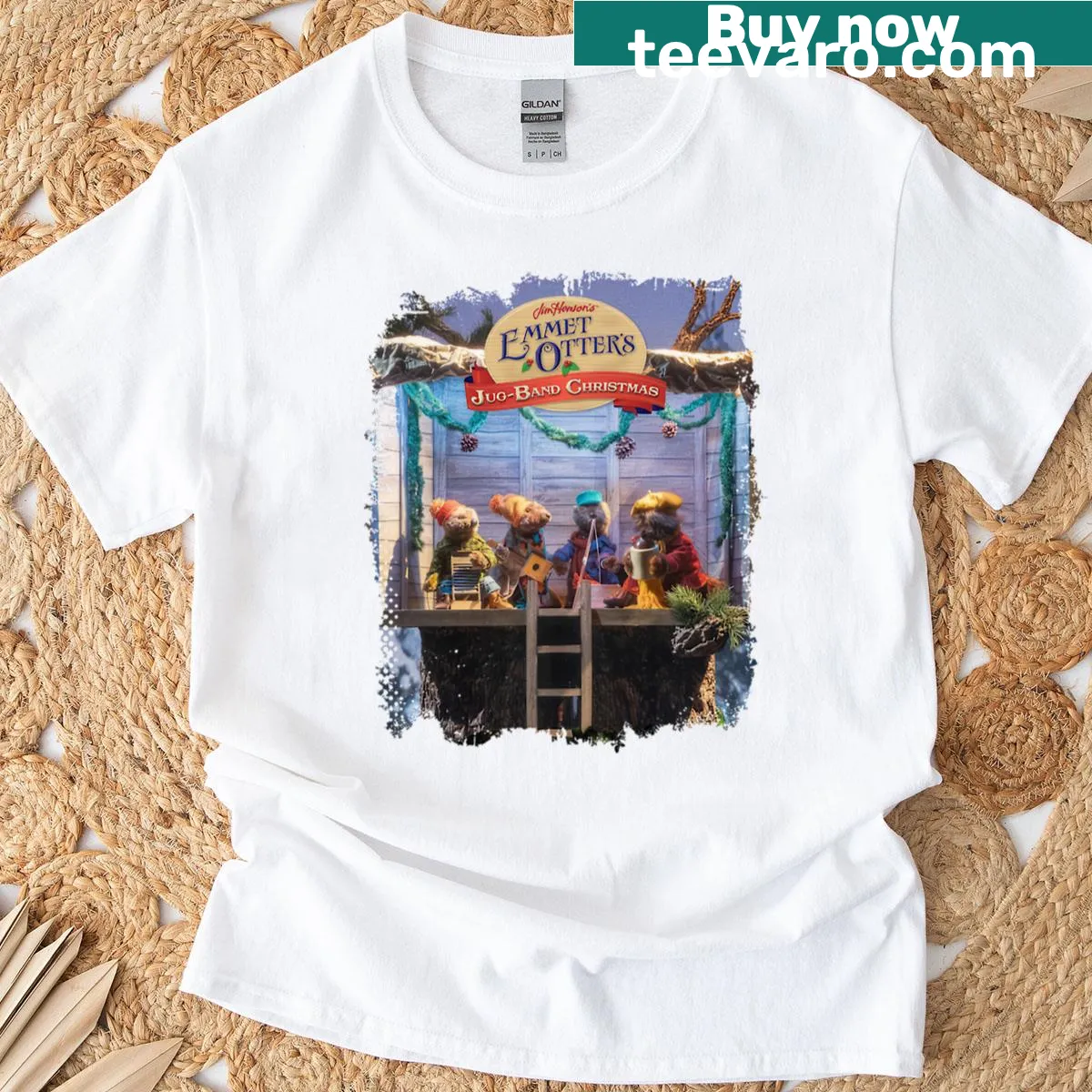Illustrated Emmet Otter Jug Band Christmas T-shirt design — on a men's t-shirt