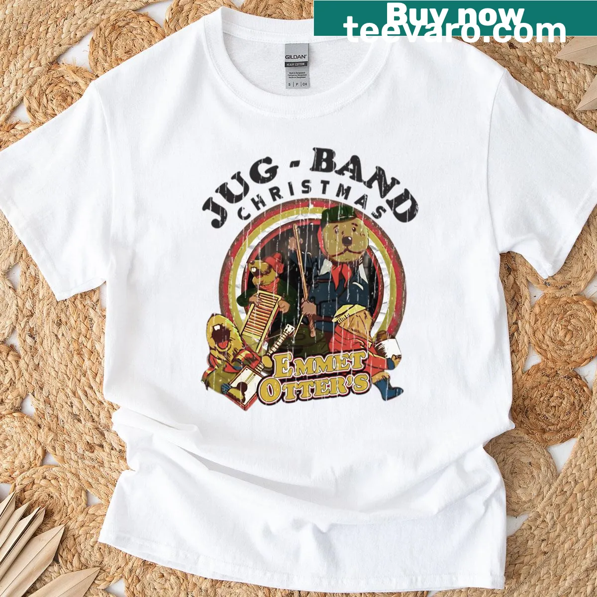 Emmet Otters Jug Band Christmas T-shirt featuring cartoon characters — on a men's t-shirt