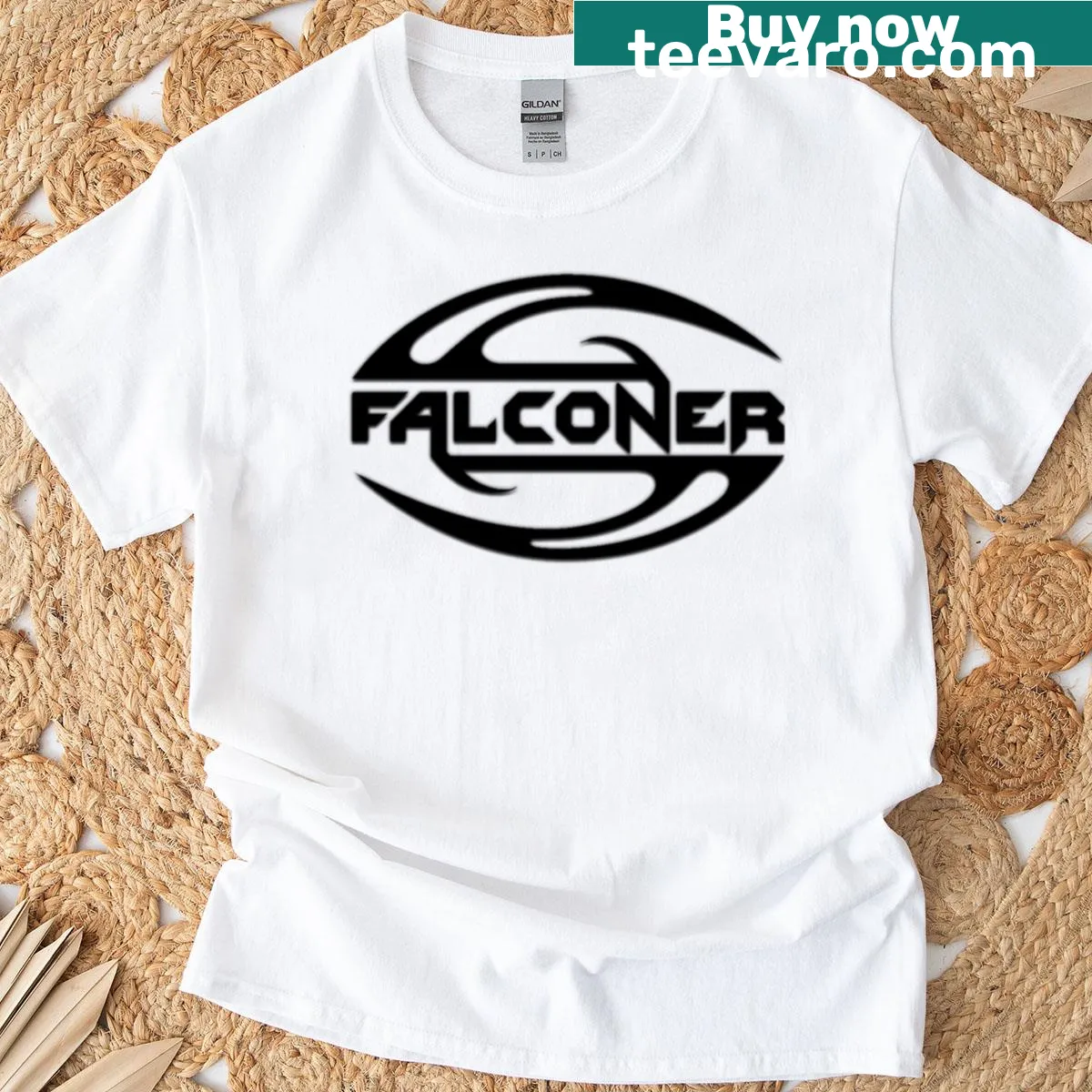 Vintage version of Falconer rock band T-shirt design — on a men's t-shirt