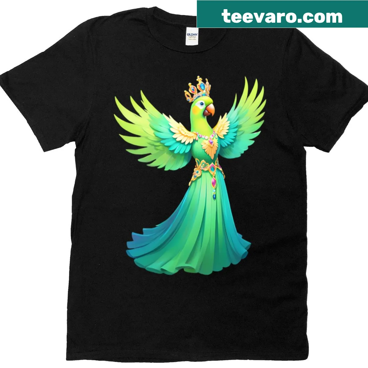 T-shirt featuring a fantasy bird in an elegant evening gown — on a men's t-shirt