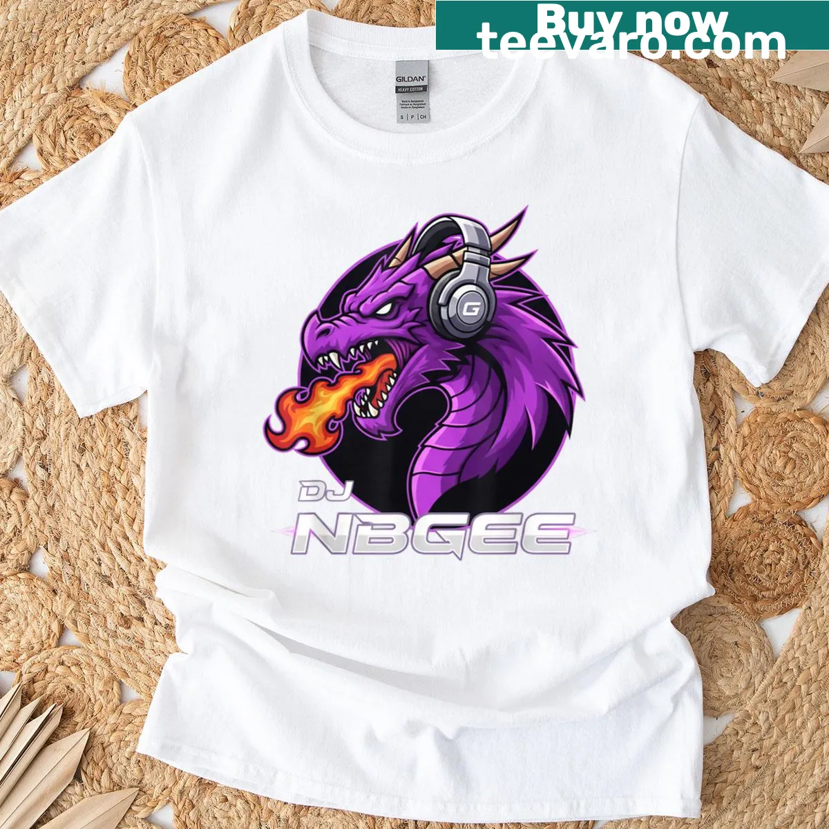 Illustrative T-shirt featuring a DJ dragon with headphones. — on a men's t-shirt