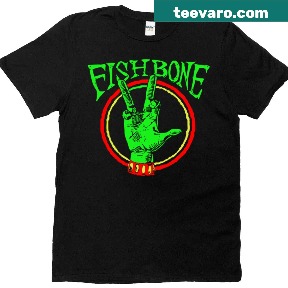 Fishbone band logo printed on a t-shirt — on a men's t-shirt