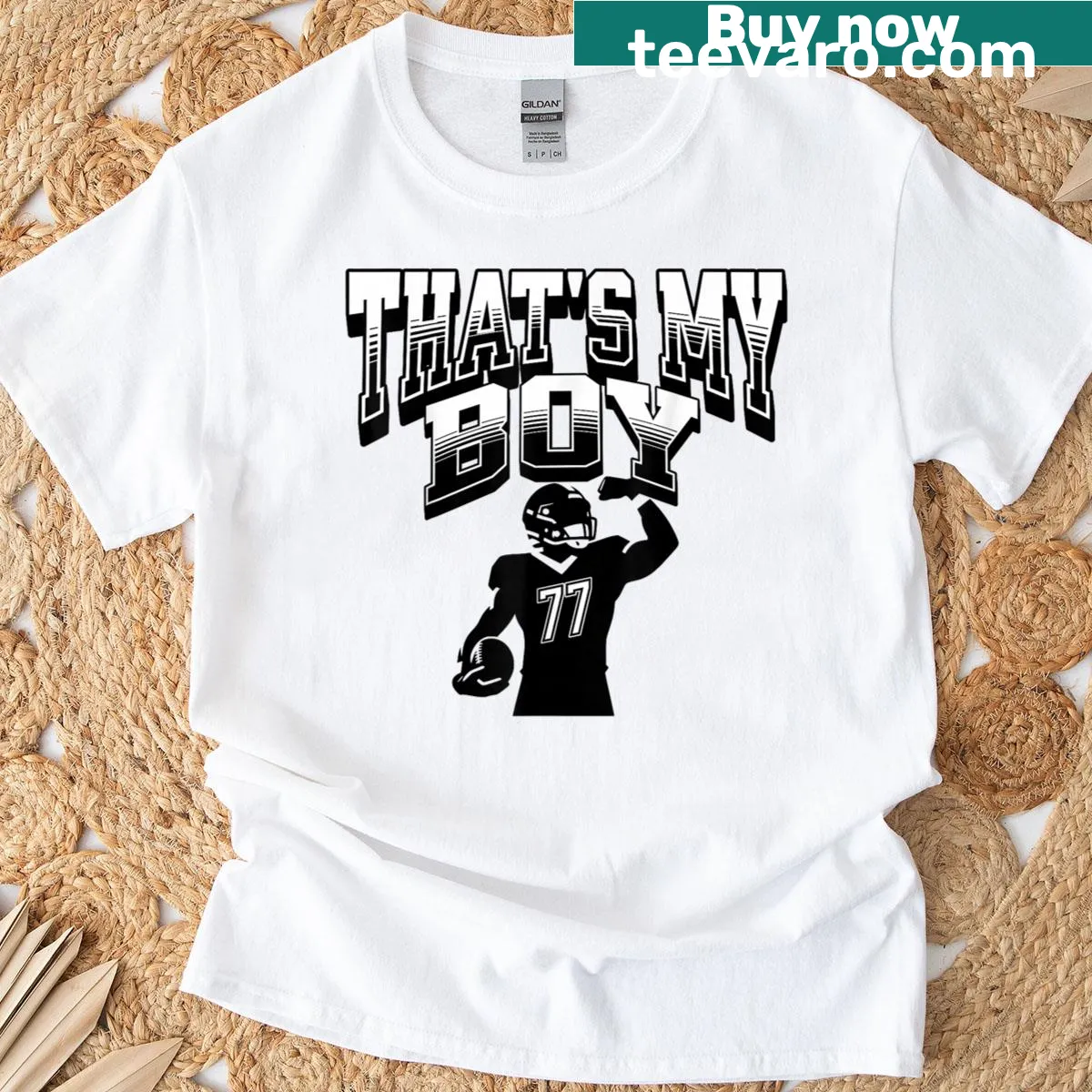 Football t-shirt with number 77 and supportive message — on a men's t-shirt