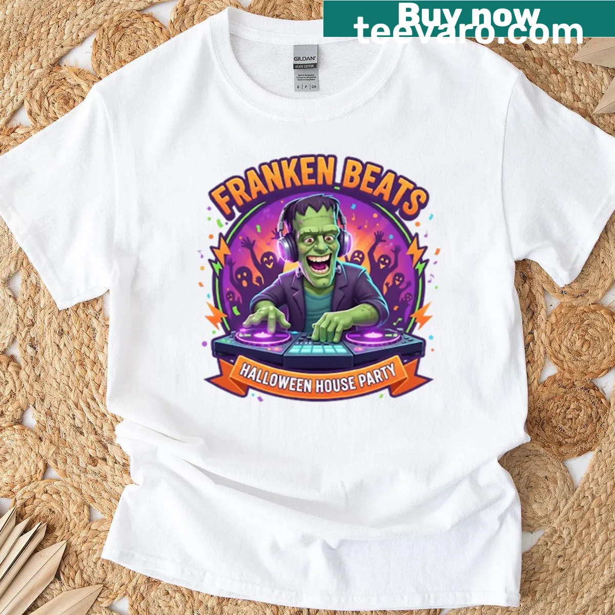 Frankenstein's Monster as a DJ with headphones and turntables graphic — on a men's t-shirt