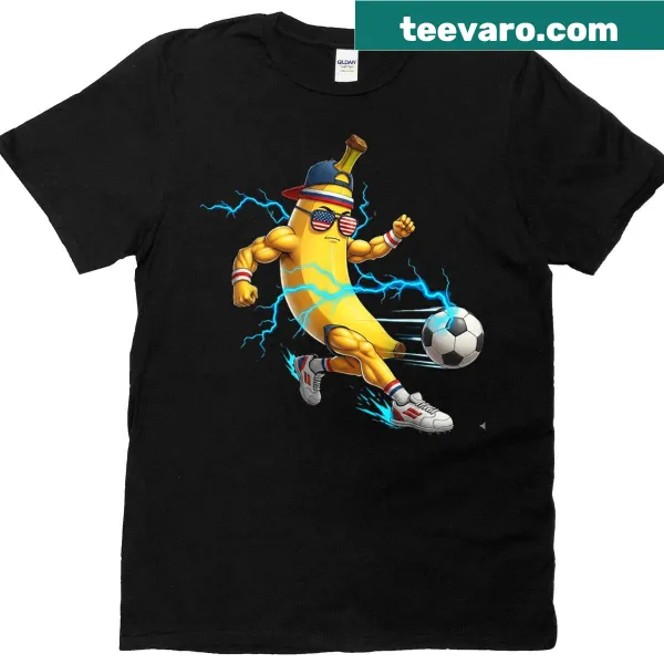 T-shirt featuring a funny banana soccer player graphic, blending sports and humor.