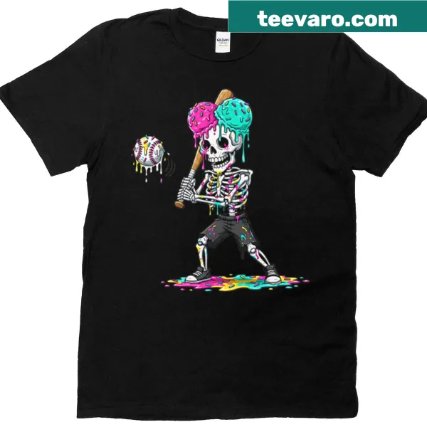 Funny t-shirt with skeleton eating ice cream while playing baseball