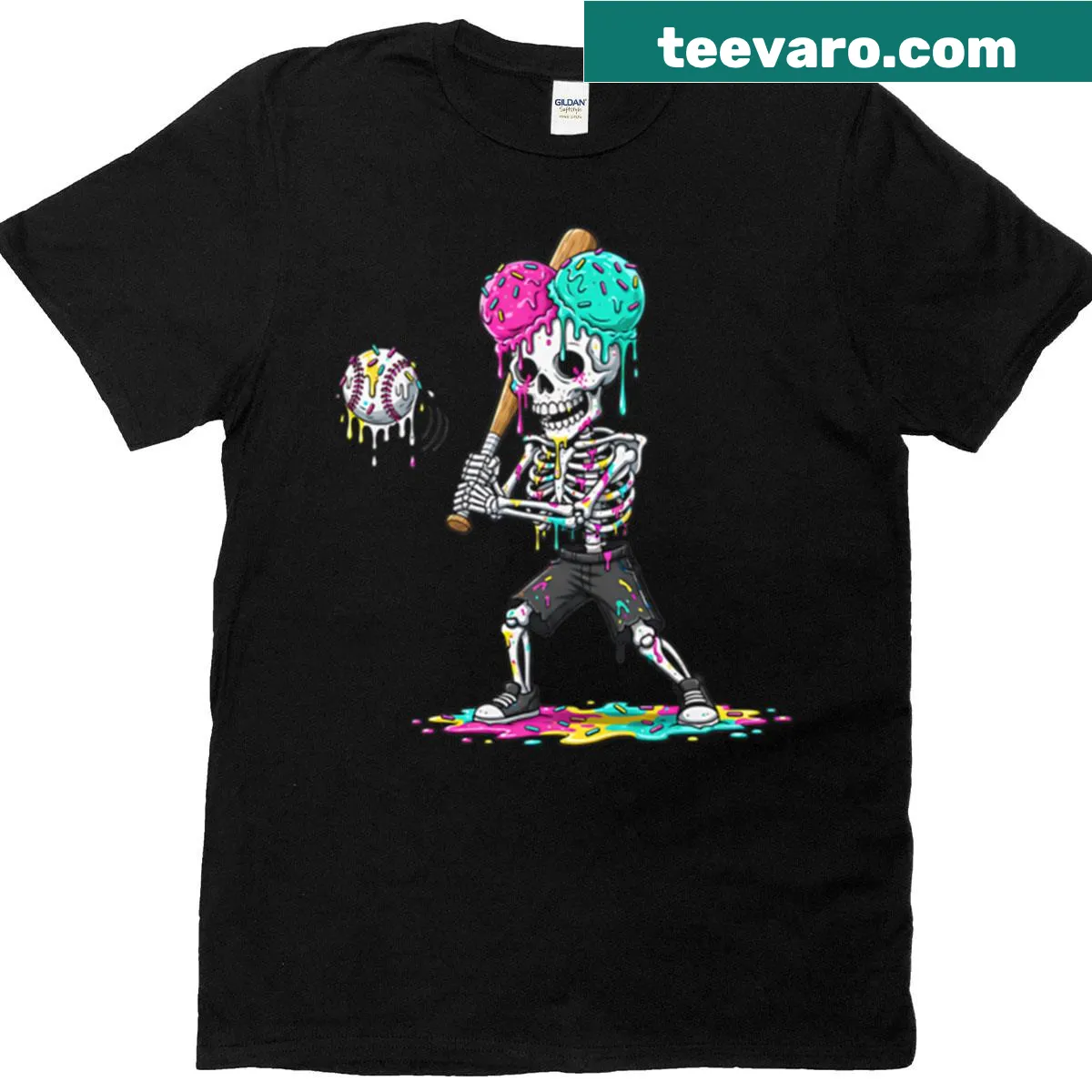 Funny t-shirt with skeleton eating ice cream while playing baseball — on a men's t-shirt