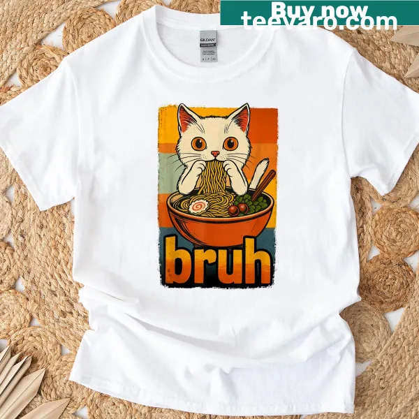 Cartoon of a cat eating ramen noodles with funny text