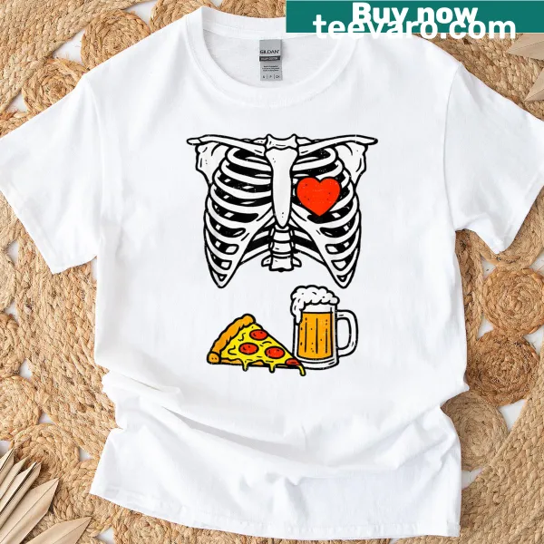 Funny T-shirt featuring a skeleton with pizza and beer