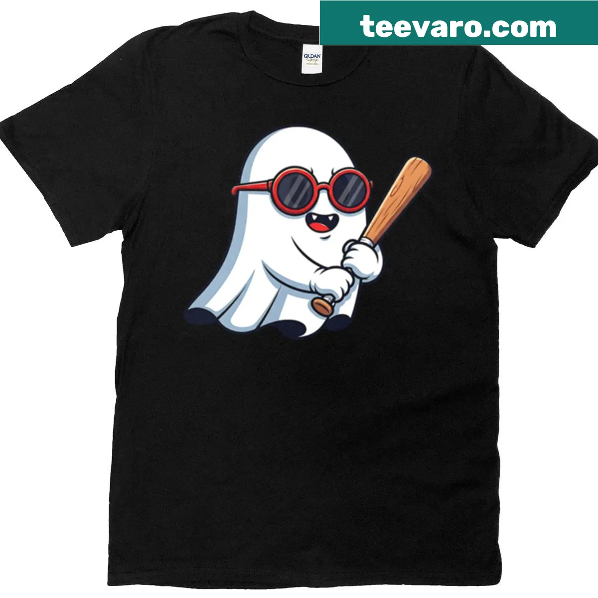 Cartoon ghost baseball player design for Halloween — on a men's t-shirt