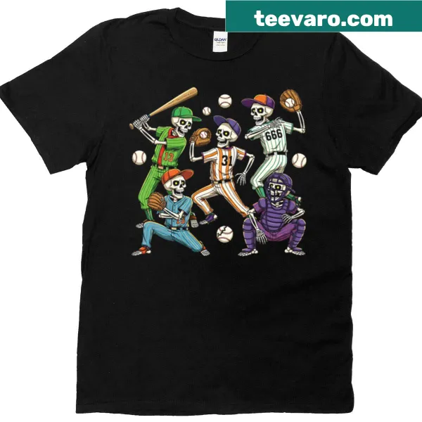 Halloween t-shirt with skeletons playing baseball